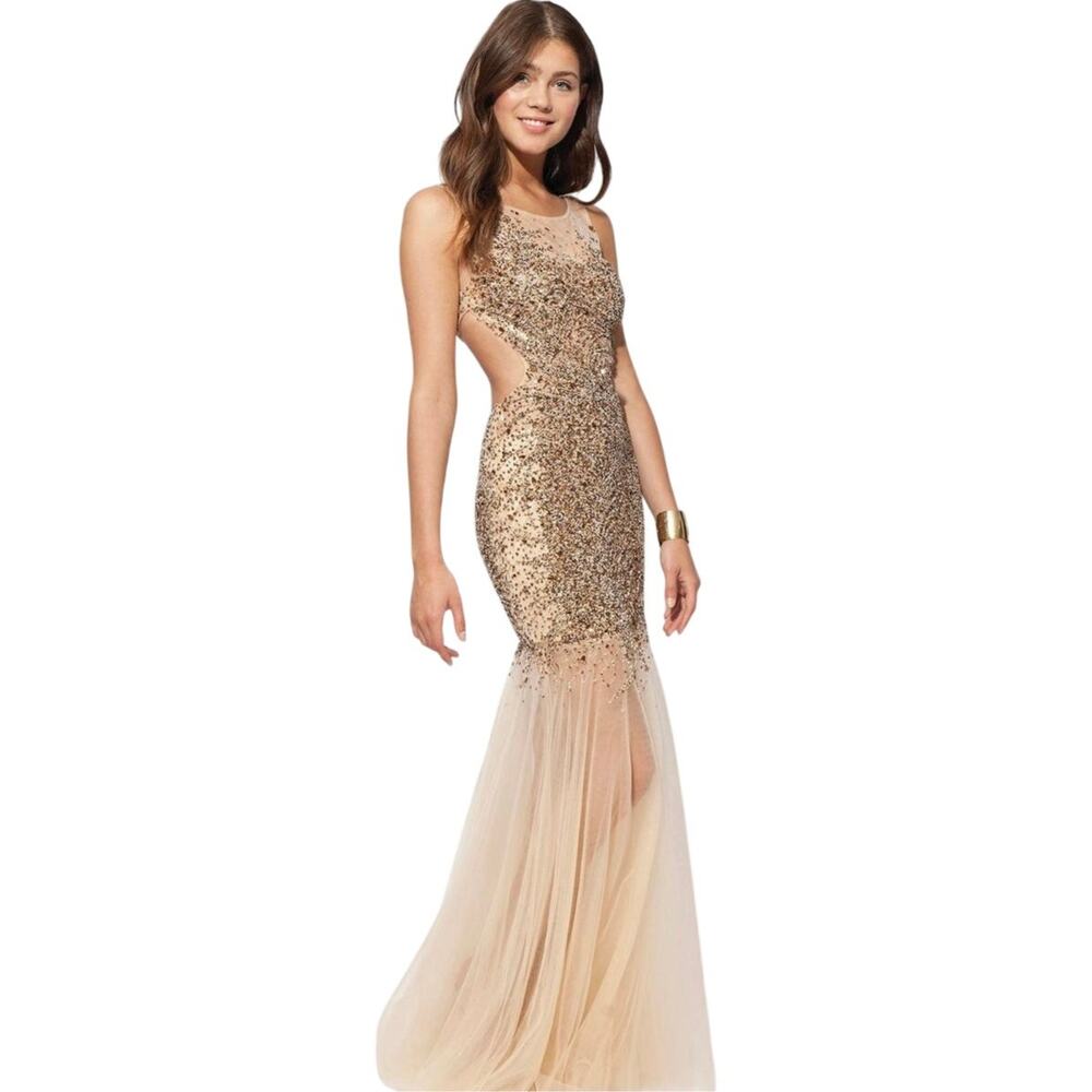 Jovani 78654 Nude Beaded‎ Mermaid Gown Illusion Mesh Size 6